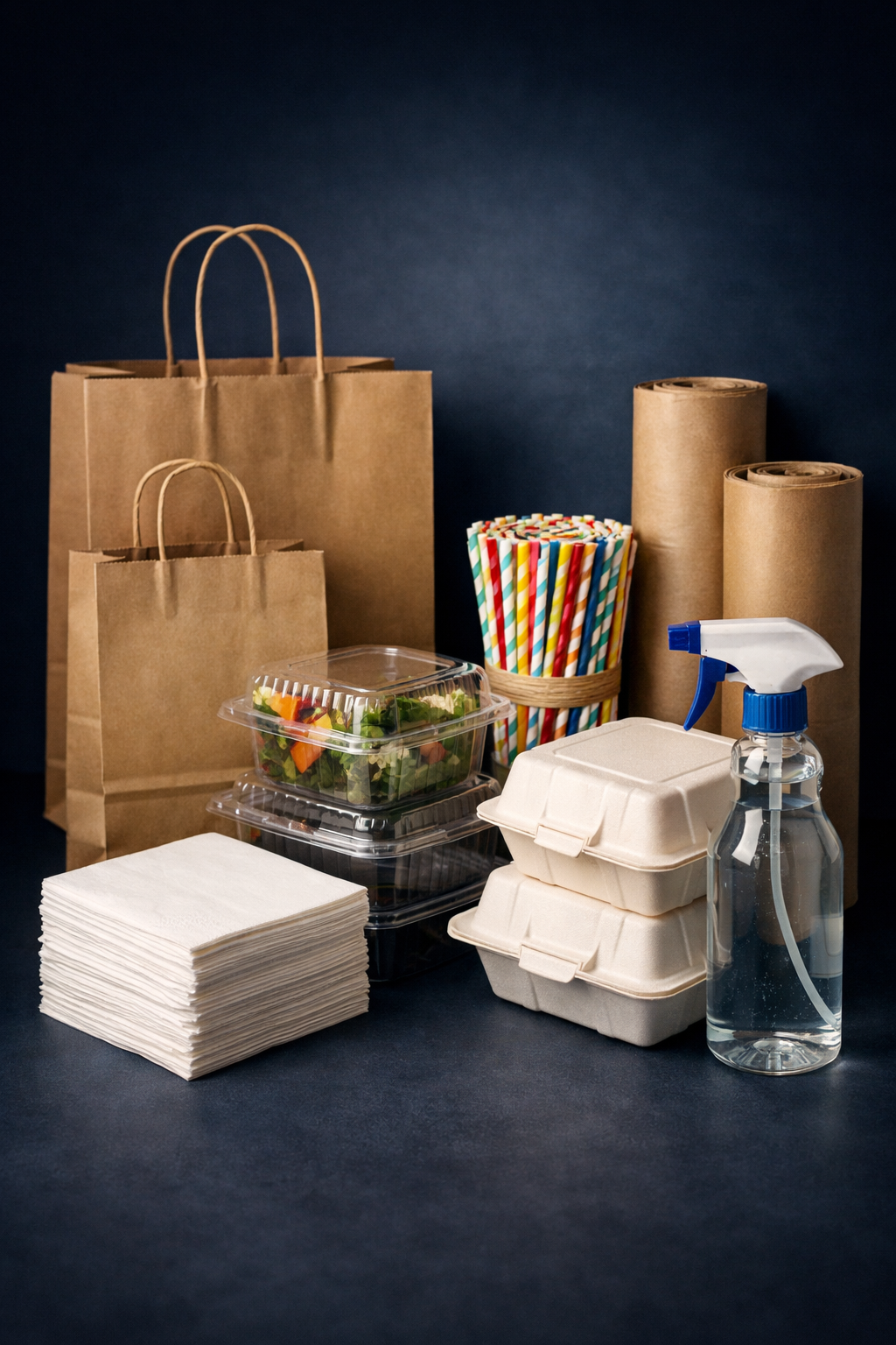 Clearline Distribution product lineup including bags, to-go containers, straws, napkins, and janitorial supplies