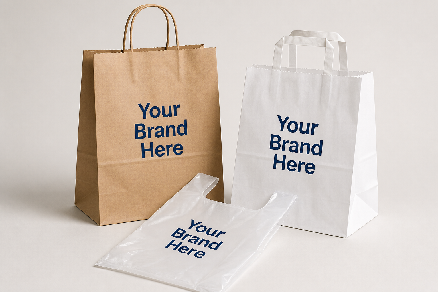 Kraft, white paper, and poly bags printed with Your Brand Here