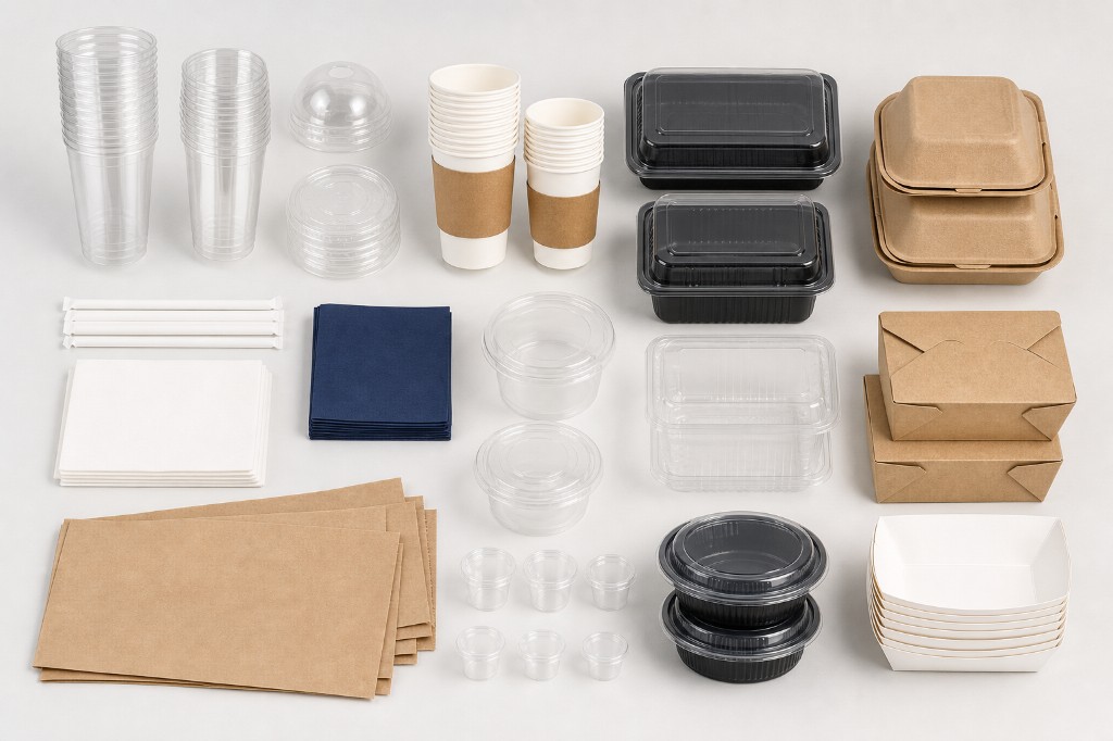 Cups, takeout containers, napkins, bags, and foodservice packaging