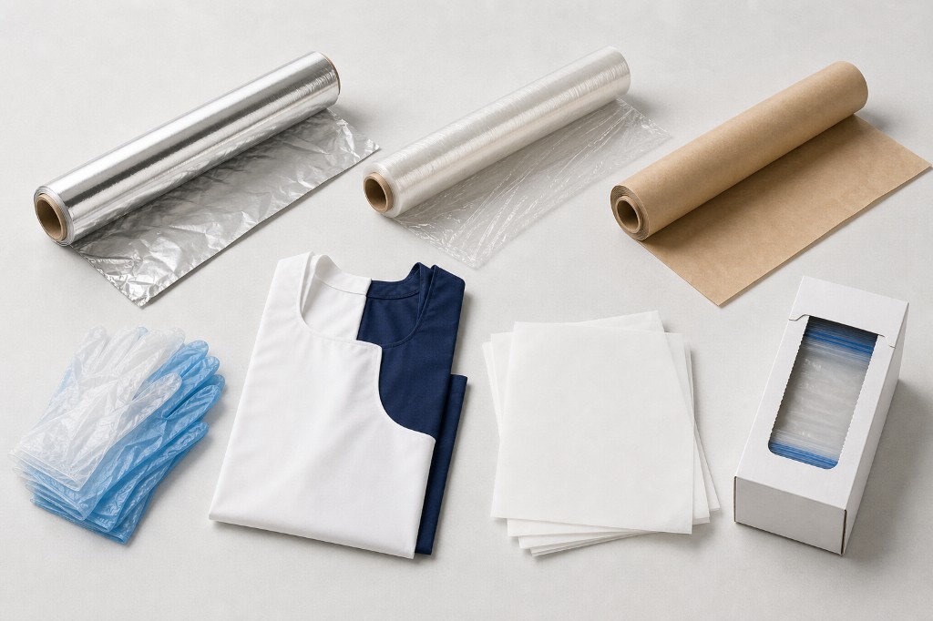 Foil, plastic wrap, gloves, aprons, and kitchen prep supplies