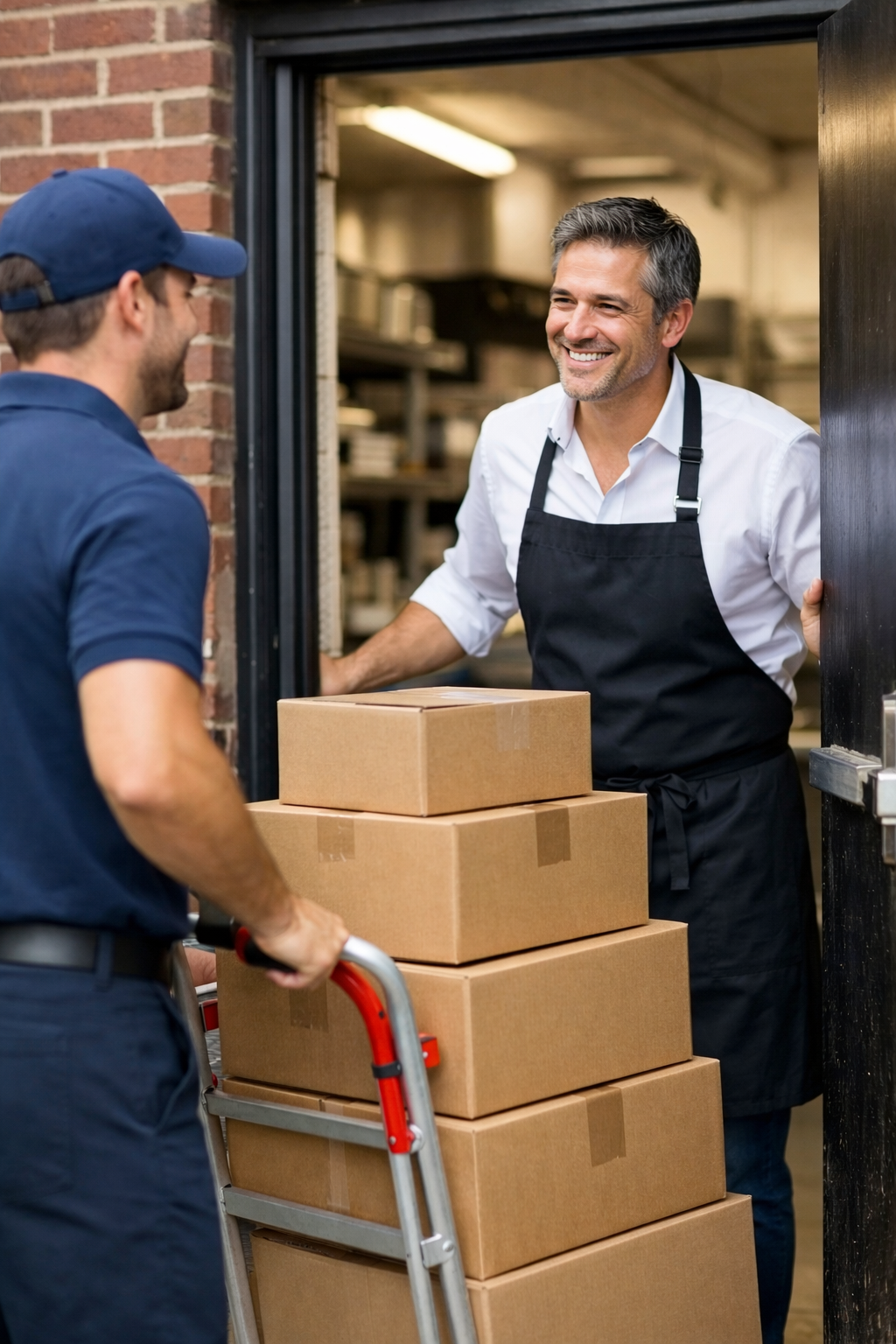 Clearline Distribution driver delivering supplies to a restaurant owner