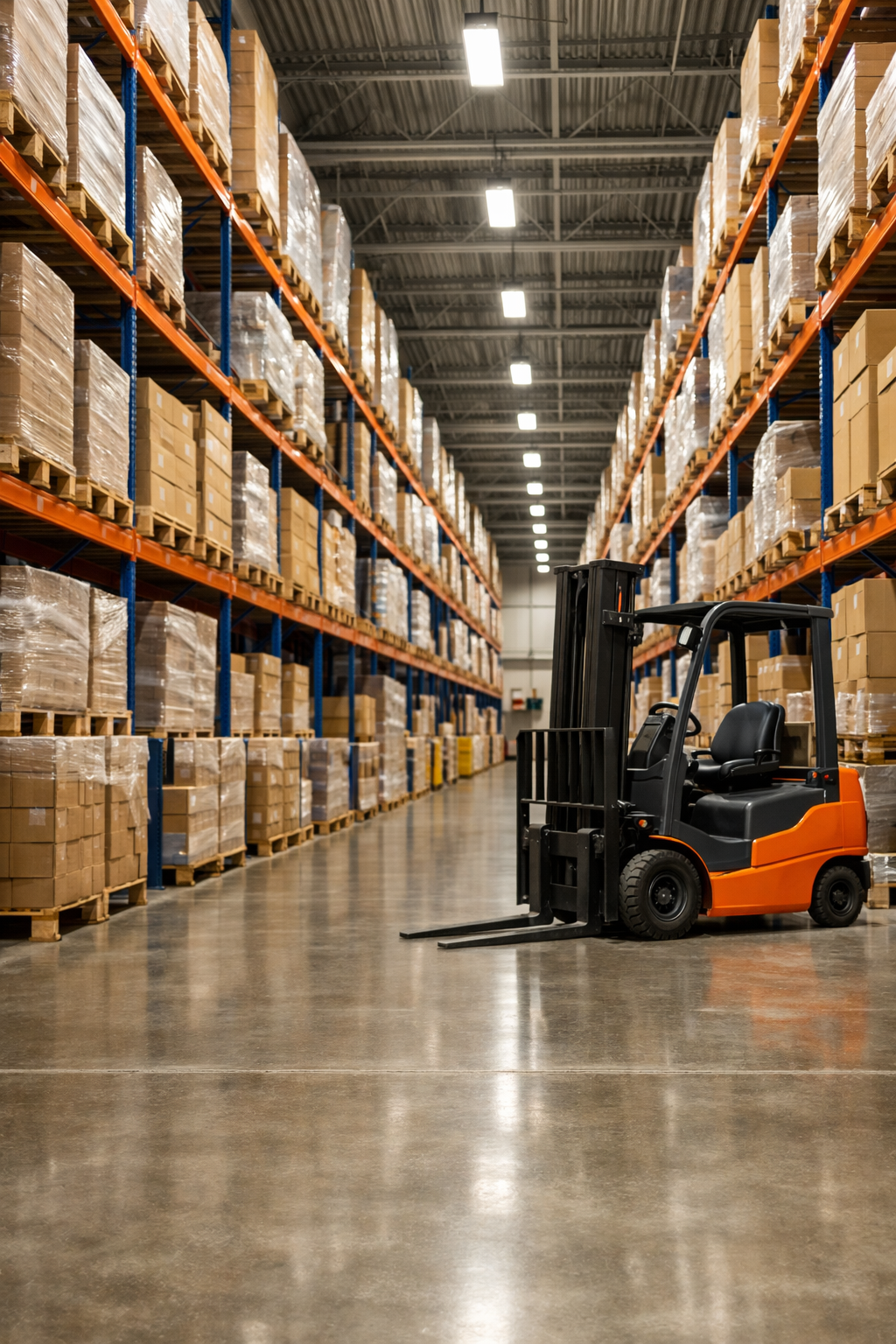 Clearline Distribution warehouse with stocked shelving and forklift